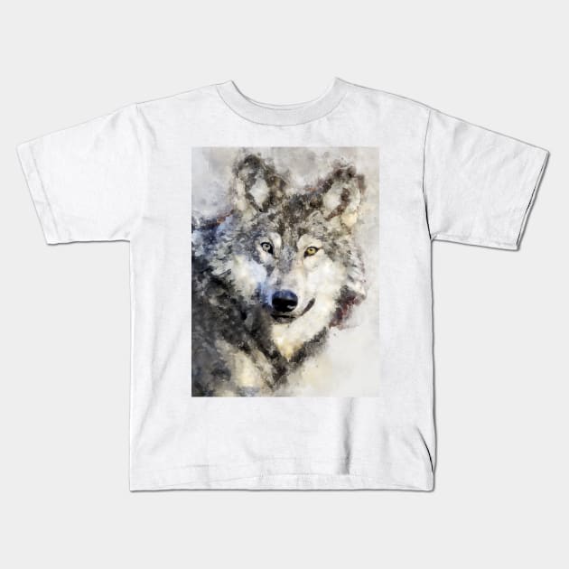 Dramabite Watercolor wolf wolves grey artsy artistic painting wildlife Kids T-Shirt by dramabite